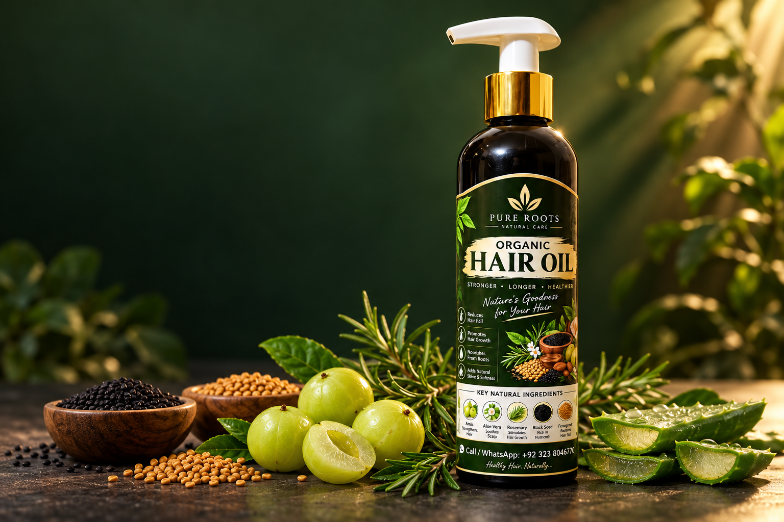 Pure Roots hair oil studio concept with botanicals