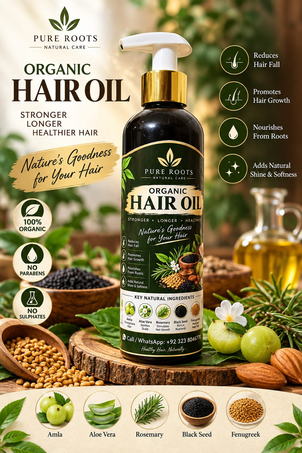 Pure Roots product artwork showing bottle label and ingredients